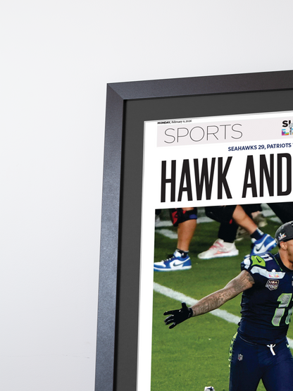 2026 Seattle Seahawks – “Hawk and Awe!” – Super Bowl LX Champions vs Patriots Framed Newspaper
