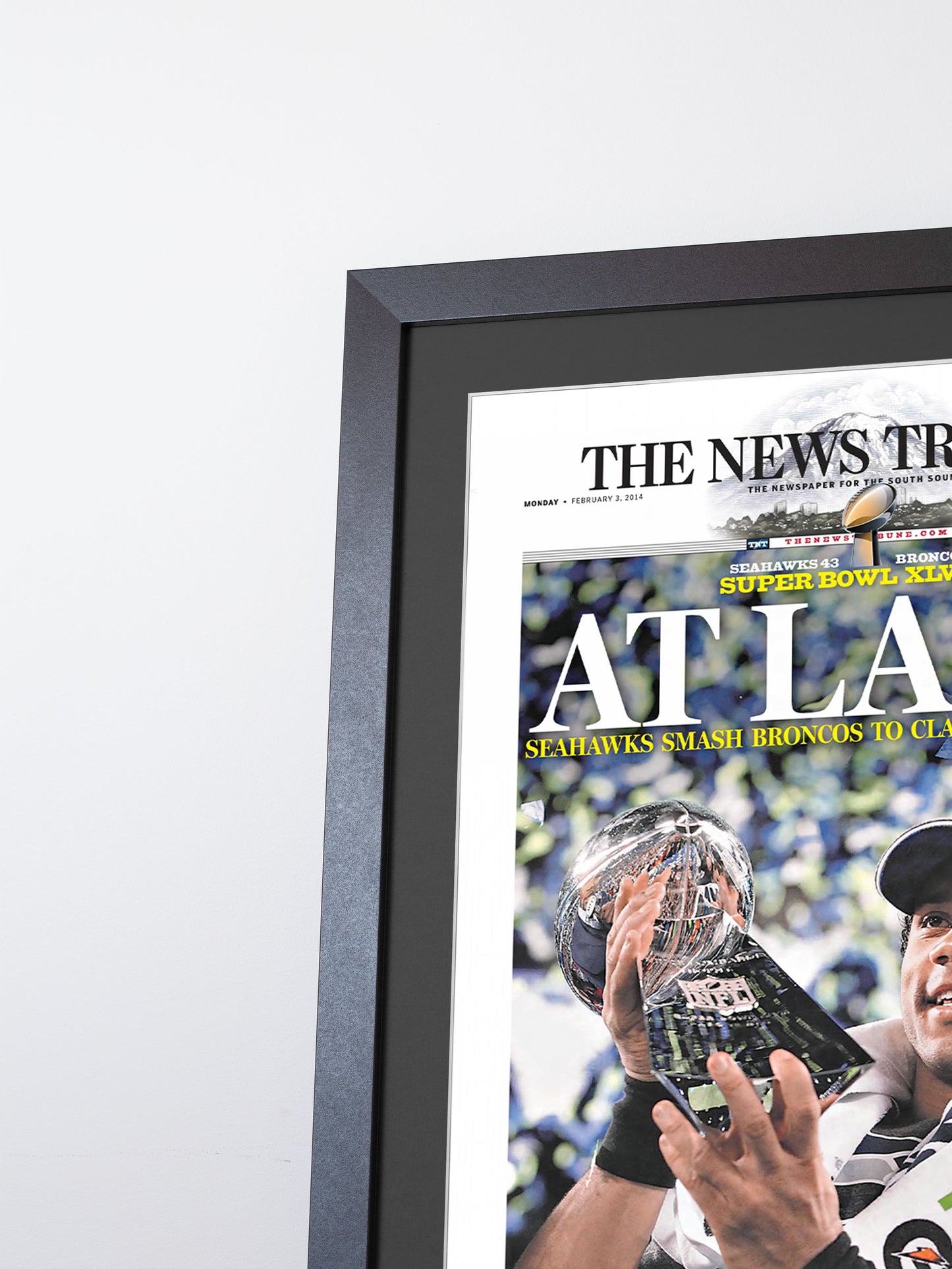 2014 Seattle Seahawks “At Last!” Super Bowl XLVIII Champions Framed Newspaper