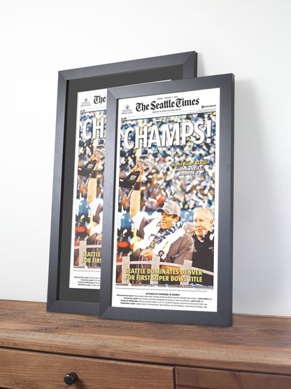 2014 Seattle Seahawks “Champs!” Super Bowl XLVIII V Broncos Framed Newspaper
