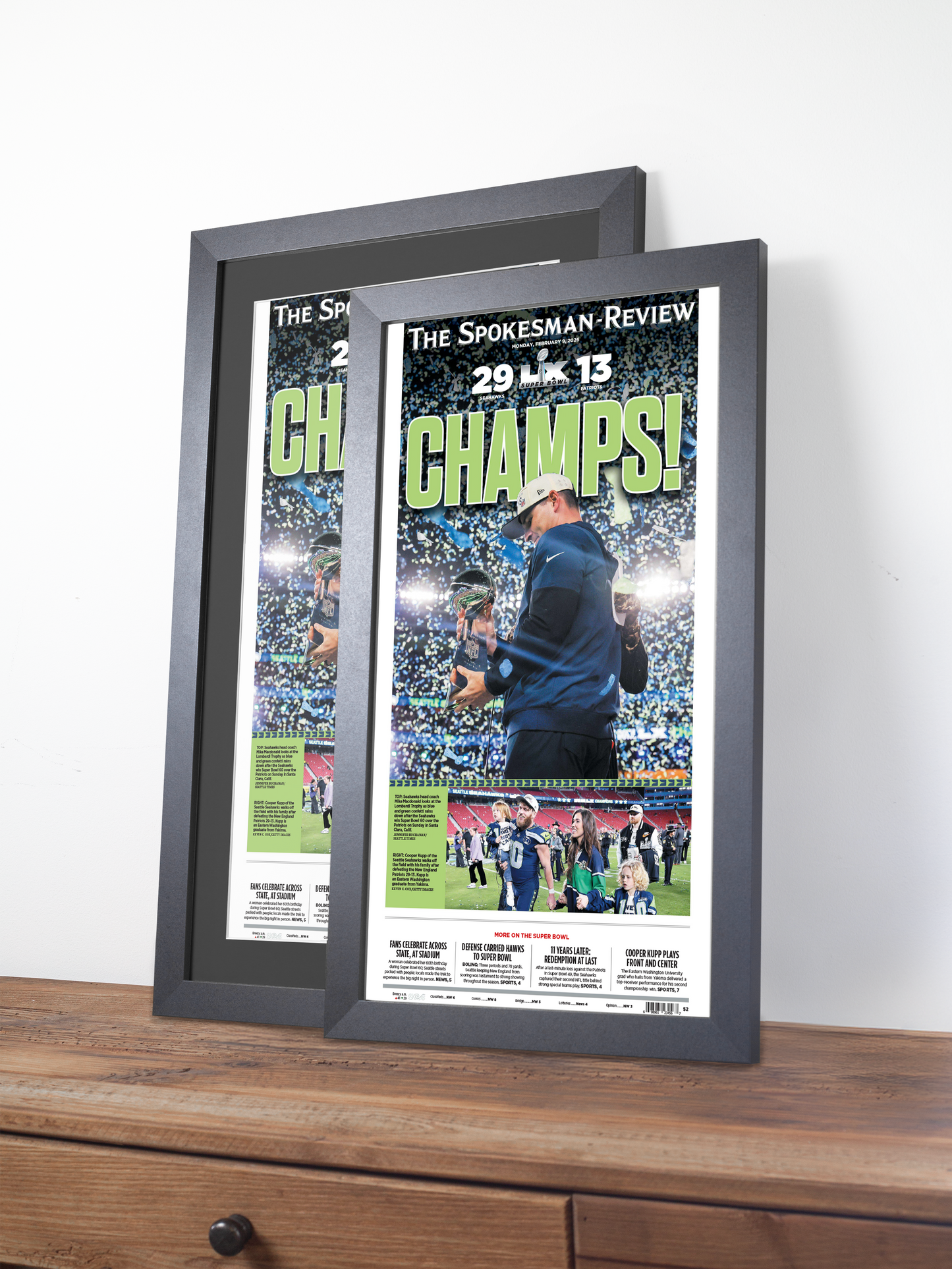 2026 Seattle Seahawks – “CHAMPS!” – Super Bowl LX Champions vs New England Patriots Framed Newspaper